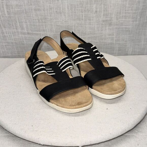 Abella Shoes - Abella Paula Sandals Womens 8.5M Black Striped Comfort Slingback Nautical Sporty